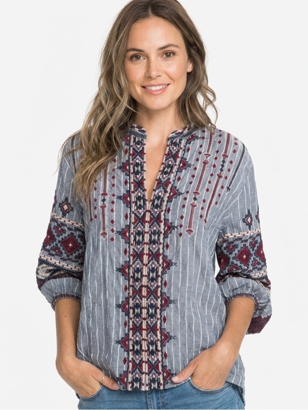 Johnny Was Workshop Nakoma Paris Embroidered Peasant Boho Blouse Size XS